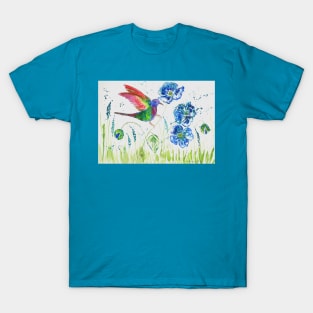 Hummingbird and Blue Poppies T-Shirt